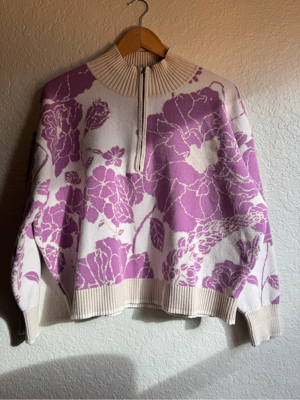 Anthropologie Maeve Montana Floral Mock-Neck Half-Zip Knit Sweater Lilac Cream - Picture 2 of 9
